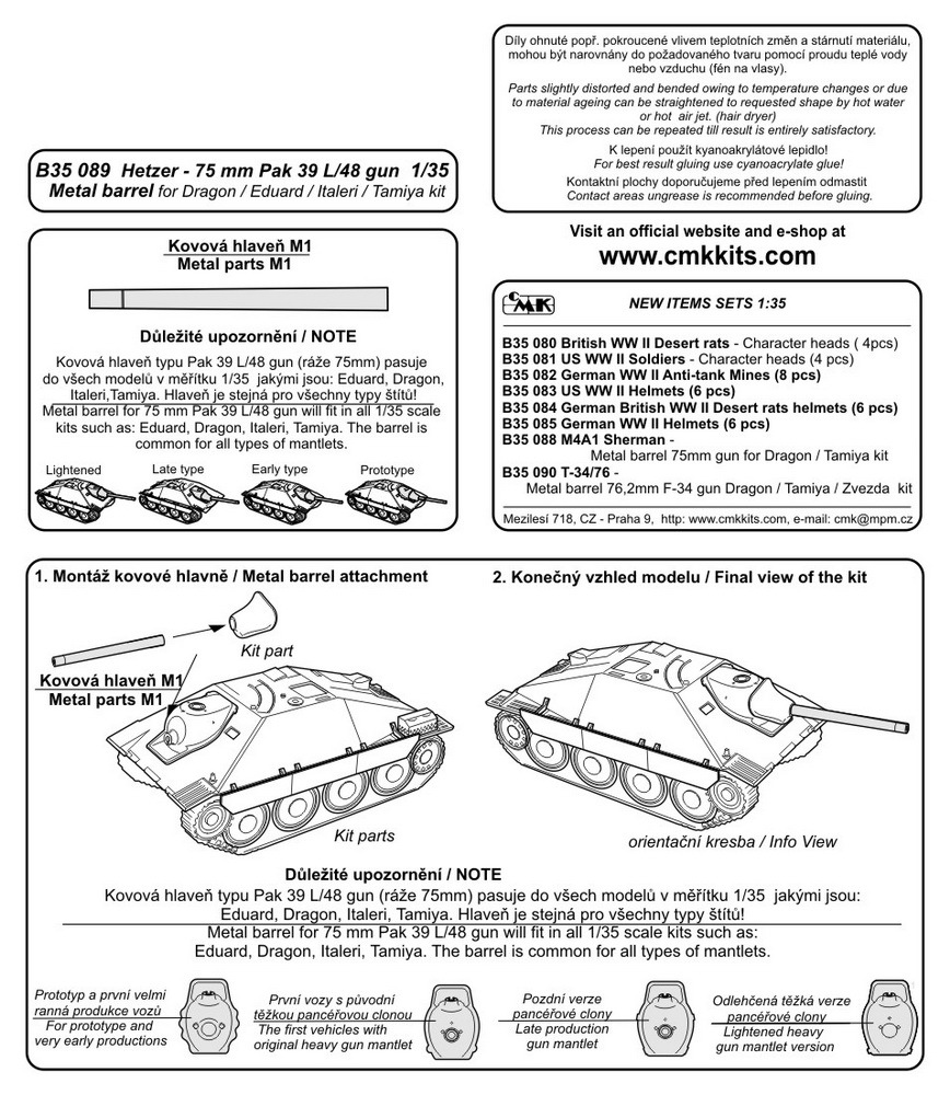 Hetzer 75mm Pak 39 L/48 gun - Metal barrel 1/35 for Tamiya / Ita CMK B35089